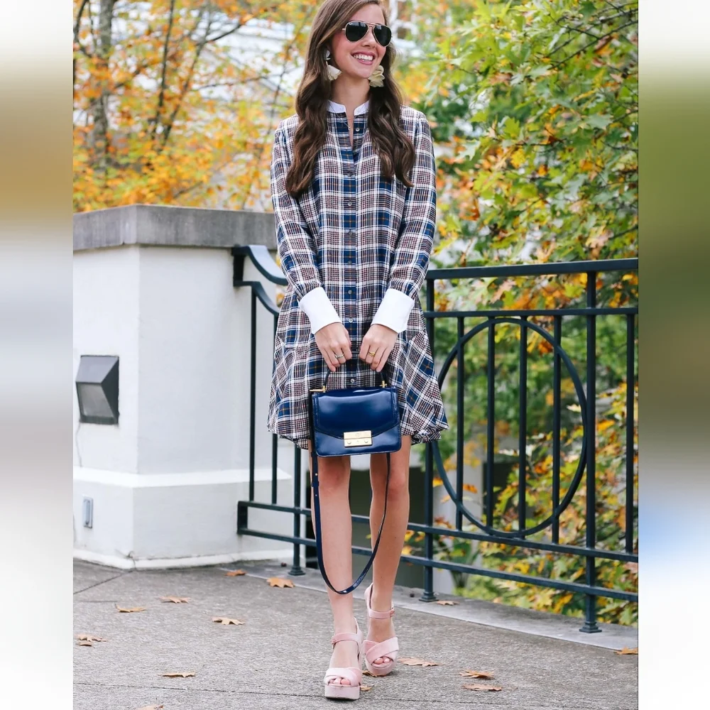 NWT Tory Burch Cora Milano Tartan Silk Mini Brown Blue Shirt Dress Plaid Size 6